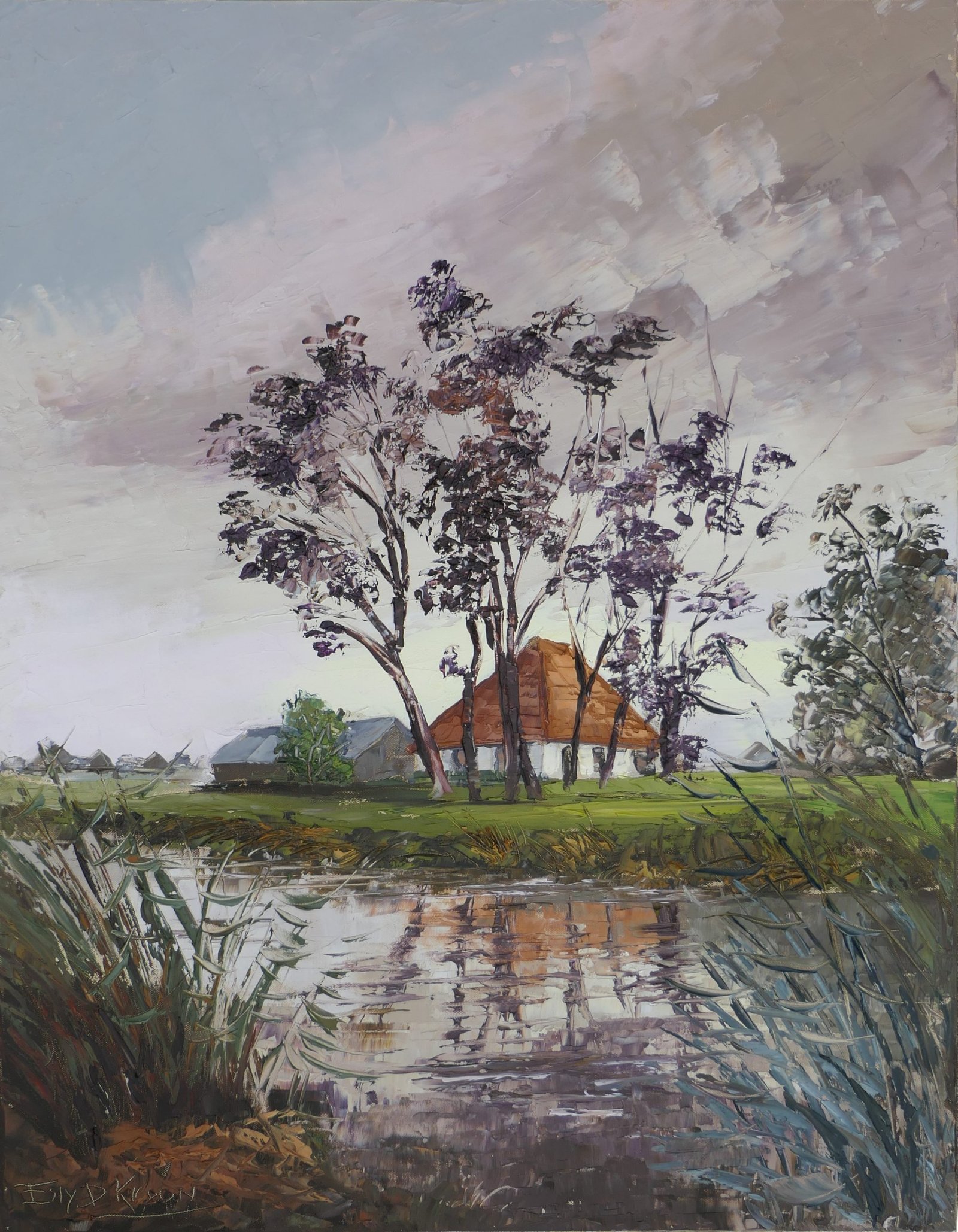 Somber weer gracht Kolhorn (Reflectie huis en bomen)